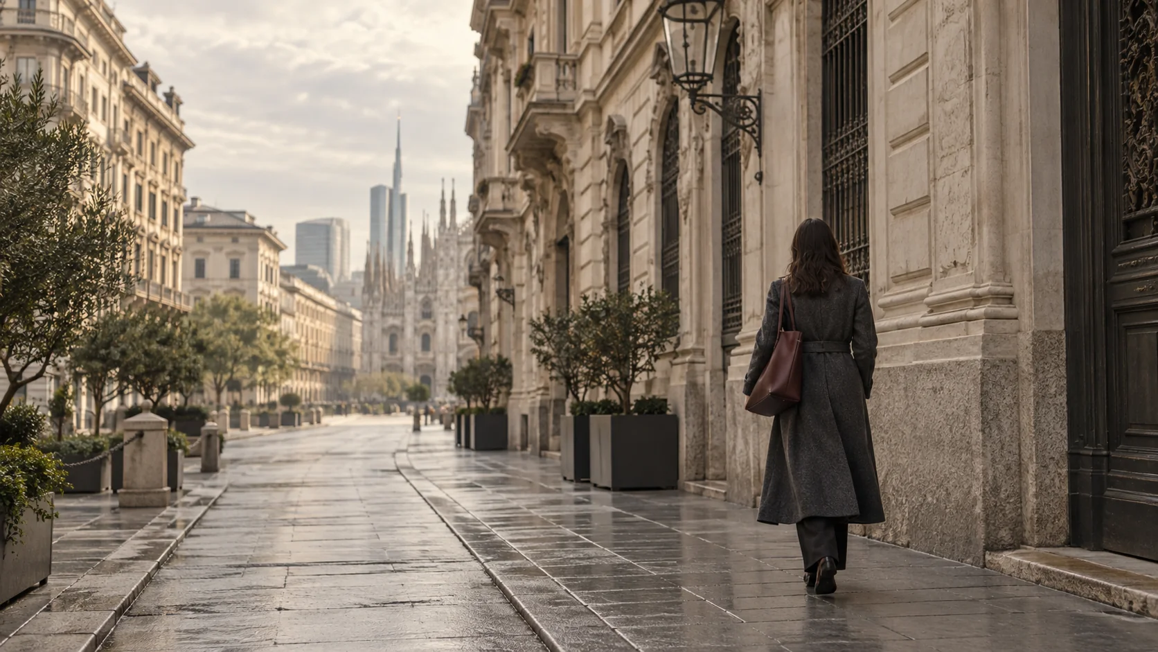Editorial illustration of a charcoal-coated figure on a Milan-inspired street of pale stone buildings