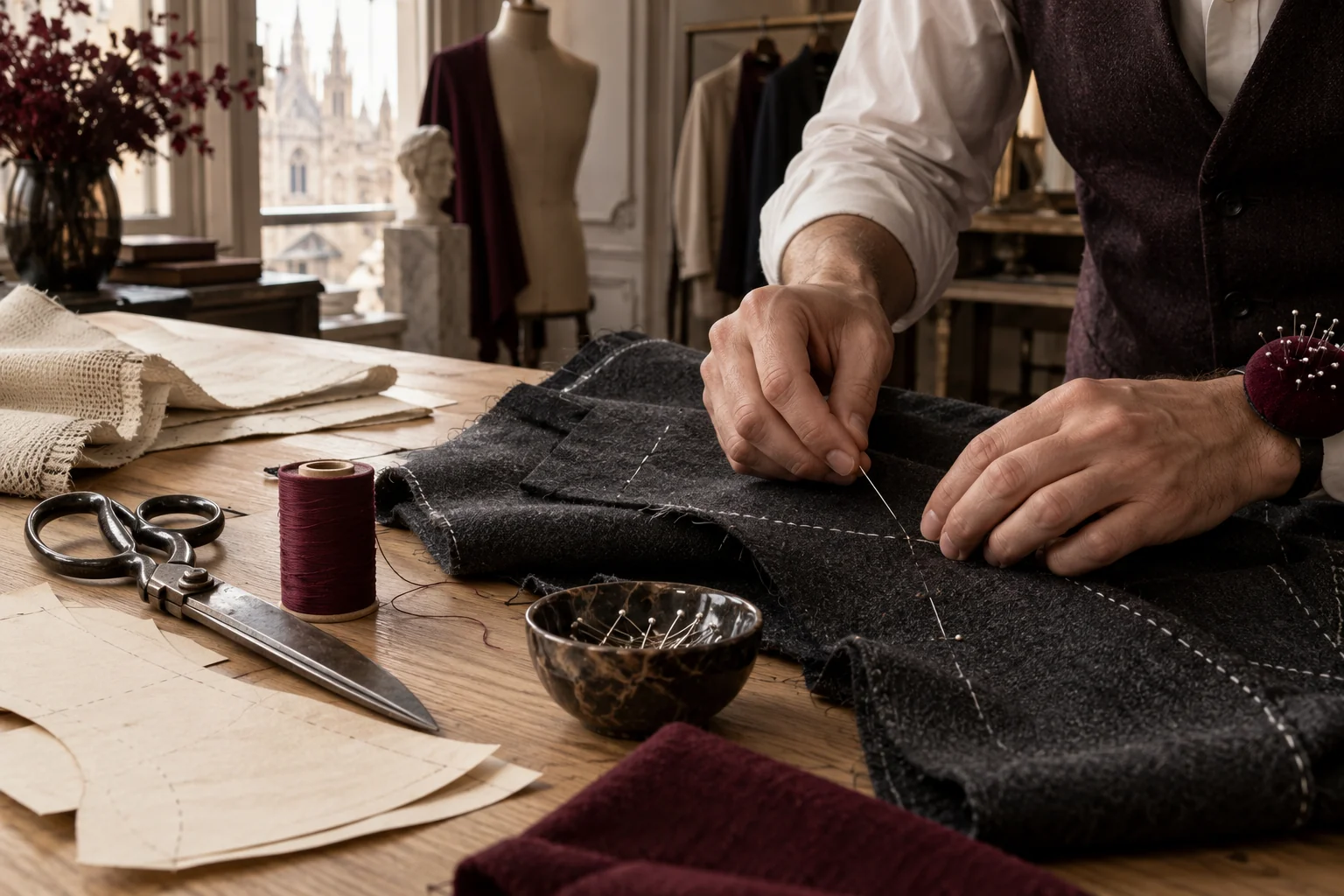 Tailor’s hands working with cloth, paper patterns and traditional sewing tools